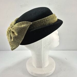 Vintage Bollman Doeskin Black Wool Felt Hat Bow Made in USA Mid Century.